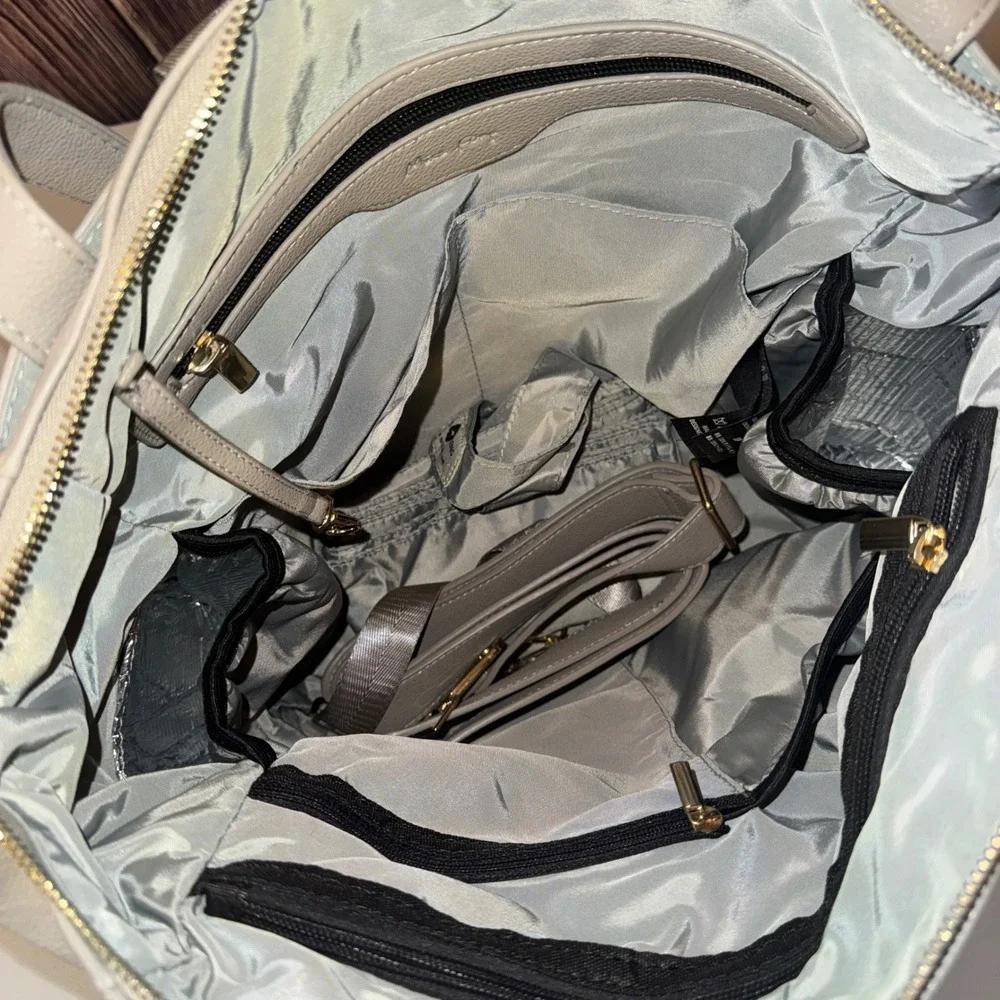 Miss Fong Diaper Bag Backpack Women OS Grey Vegan Leather Convertible Tote Gold
